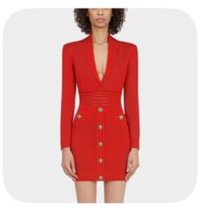 Chic Red Long Sleeve Dress with Button Accents